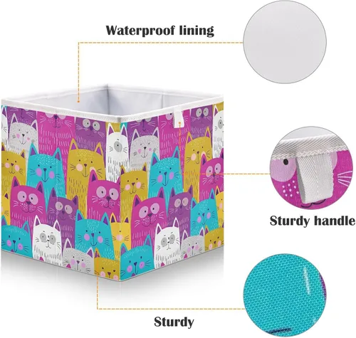 Miniatura 4 de Kigai Lindos cubos de almacenamiento para gatos, 11 x 11 x 11 pulgadas, cesta de almacenamiento plegable grande de tela, organizador para juguetes