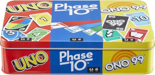 Mattel Games Juego de 3 juegos de cartas con UNO, Phase 10 y ONO 99, diversión de viaje para niños y noches familiares con caja de lata de