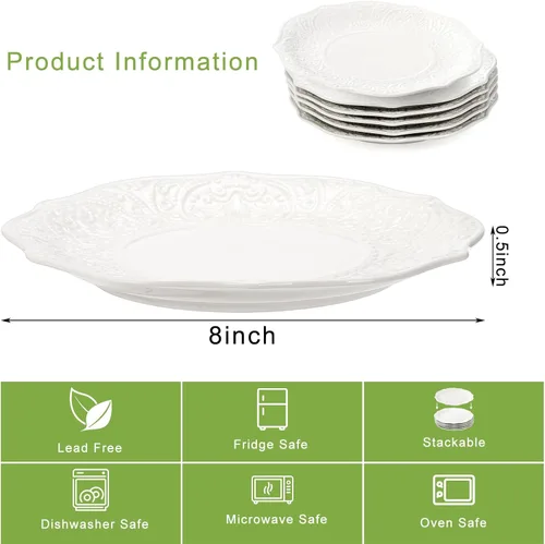 Miniatura 2 de SOUJOY Juego de 6 platos de ensalada, platos de porcelana de 8 pulgadas para servir postres, platos pequeños con impresión en relieve