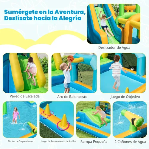 Miniatura 2 de BOUNTECH Parque inflable de tobogán acuático, castillo hinchable de tobogán acuático 9 en 1 con piscina grande, carrera de obstáculos, tobogán