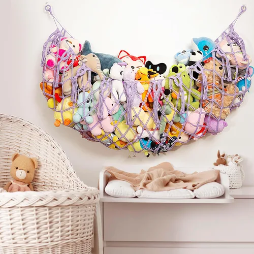 Miniatura 6 de Red o hamaca para animales de peluche, montada en la pared, hecha a mano, organizador de hamaca de juguete de macramé, exhibición de animales