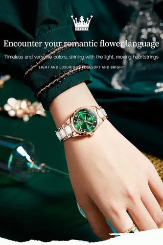 Miniatura 2 de OLEVS Reloj de pulsera para mujer oro rosa elegante de cerámica para mujer de cuarzo acero inoxidable impermeable luminoso