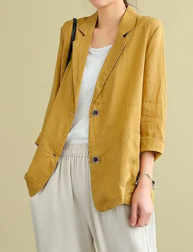 Miniatura 3 de IDEALSANXUN Blazer de lino de algodón para mujer, chaqueta casual suelta de manga larga