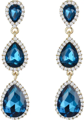 Miniatura 32 de EleQueen Pendientes de cristal austriaco en tono dorado para mujer, forma de pera de 2.5 pulgadas, color esmeralda