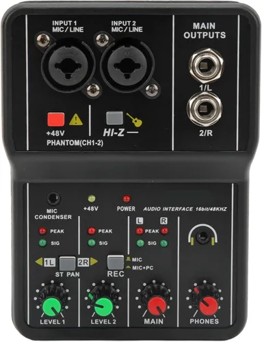 Mini mezclador de audio, 2 canales USB portátil con tarjeta de sonido en vivo, sistema de consola con alimentación fantasma de 48 V, mezclador DJ de