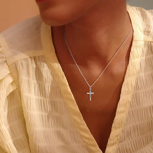 Miniatura 103 de Fettero - Collar con dije de cruz de fe, chapado en oro de 14 K, cadena fina, minimalista, simple, pequeña, para oración, regalo de joyería religiosa