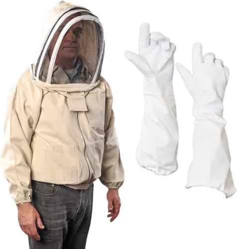 Chaqueta de abeja con velo - Chaqueta de lona natural con cintura y puños elásticos, cremalleras de latón YKK, 3 bolsillos utilitarios. Capucha