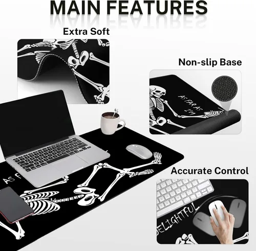 Miniatura 6 de Britimes Juego de alfombrillas de mouse de teclado de esqueleto de calavera negra 4 en 1 + reposamuñecas para teclado+reposamuñecas de ratón+juego