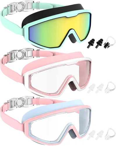 Miniatura 12 de NSSIW Gafas de natación para niños, antiniebla, sin fugas, con clip para la nariz, tapones para los oídos para niñas, niños y jóvenes, 6-14, paquete