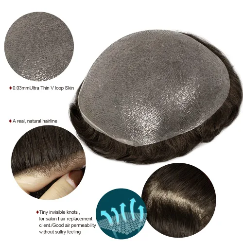 Miniatura 5 de Amiable toupee para hombres 0.001 in ultra suave piel fina para hombre, pieza de cabello humano real para hombres, sistema de reemplazo de cabello