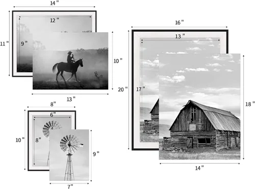 Miniatura 4 de Arte de pared enmarcado con vista rústica: 3 piezas de granja en blanco y negro, vaquero brumoso, granero, fotografía, moderno, molino de viento