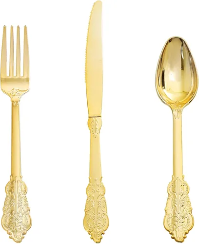 Miniatura 21 de Supernal 180 cubiertos de plástico dorado, utensilios de plástico desechables resistentes, juegos de cubiertos desechables dorados incluyen 60