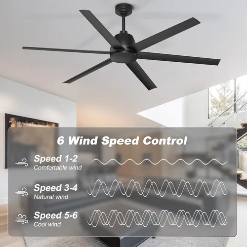 Miniatura 4 de Ventilador de techo de 65 pulgadas sin luz - Ventilador de techo negro con control remoto y APP, motor CC reversible silencioso, 6 aspas