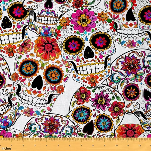 Miniatura 12 de The Yard - Tela de esqueleto de flores en acuarela para sillas, exótica, tribal, floral, estampado de calavera, tela de tapicería para artes, plumas