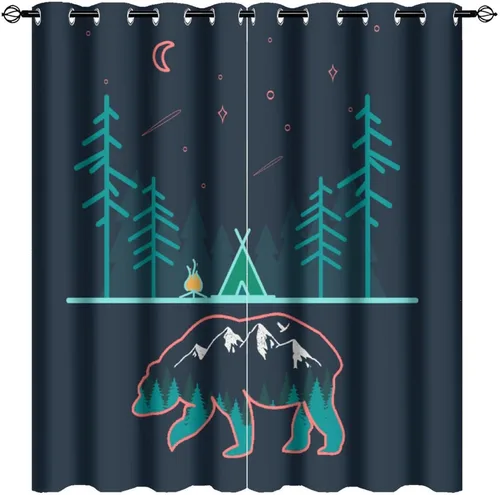 Miniatura 28 de Cortinas abstractas con estampado de cámper de caricaturas, divertido tema de aventura, campamento, montañas, vida silvestre, oso, tratamiento