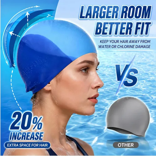 Miniatura 2 de Gorros de natación de silicona, paquete de 2 gorros de natación duraderos y cómodos para adultos, elastoméricos para mujeres y hombres, pelo corto