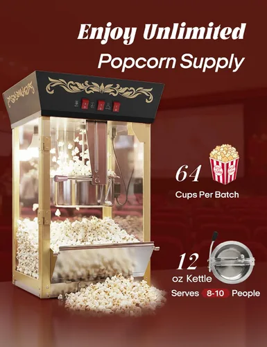 Miniatura 3 de Máquina de palomitas de maíz para encimera de 12 onzas, máquina de palomitas de maíz profesional retro, máquina de palomitas de maíz estilo cine