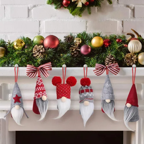 Miniatura 5 de D-FantiX Juego de 6 adornos de Navidad de gnomo, hechos a mano, gnomos suecos Tomte, adornos decorativos de felpa para colgar en el árbol