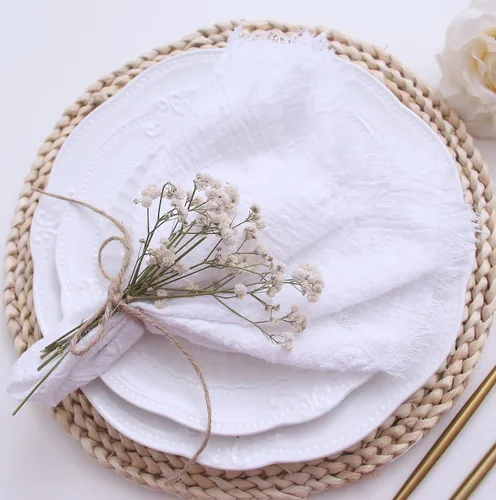 Miniatura 9 de Servilletas de tela con juego de 6 servilletas de gasa con flecos, 100% algodón natural suave, servilletas lavables, ideales para bodas