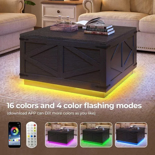 Miniatura 3 de Jocoevol Mesa auxiliar con tapa elevable, mesa central cuadrada de madera con iluminación LED, estación de carga USB-C y compartimento