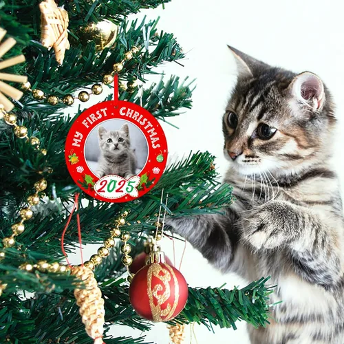 Miniatura 5 de PETCEE Adornos de gato para árbol de Navidad - Mi Primera Navidad Ornamento 2025 Marco de fotos de gatito Adornos personalizados para colgar fotos
