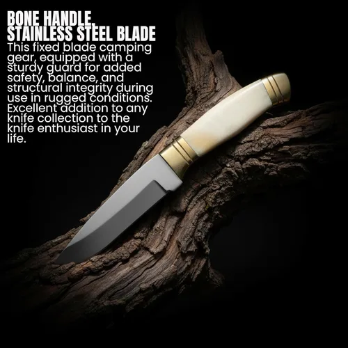 Miniatura 3 de SZCO Cuchillo de caza Full Tang de 8.25 pulgadas, elegante cuchillo de campamento con mango de hueso, hoja de acero inoxidable y funda, cuchillo