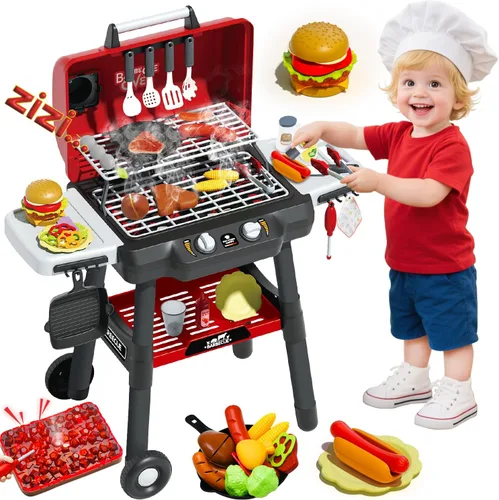 Juego de Parrilla para Niños, Parrilla de Juguetes BBQ con Sonido de Humo, Luz y Rueda, Juguetes de Cocina de Simulación Movibles para Niños