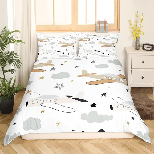 Miniatura 11 de Erosebridal Funda de edredón de avión tamaño individual, juego de ropa de cama de aviones de dibujos animados para adolescentes, color verde azulado