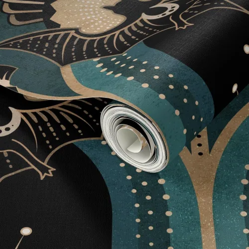 Miniatura 2 de Muestra de Papel Pintado de Pelar y Pegar Spoonflower - Elegante Art Deco Murciélagos Flores Azul Verde Oro Negro Rosa 1920S Opulento Maximalista