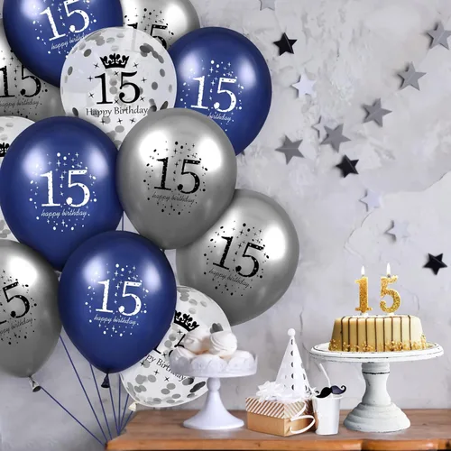 Miniatura 2 de Globos azules de cumpleaños número 15, 15 globos de feliz cumpleaños azul marino y plateado para niño o niña, látex, inflables, confeti