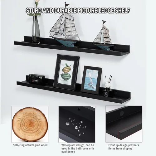 Miniatura 4 de Estantes flotantes negros para pared de 24 pulgadas con reborde, repisa moderna para cuadros, estantes de pared para fotos, decoración