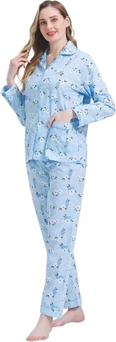Miniatura 4 de Amaxer Conjunto de pijama 100% algodón para mujer, de manga larga, suave, con botones, con cordón elástico