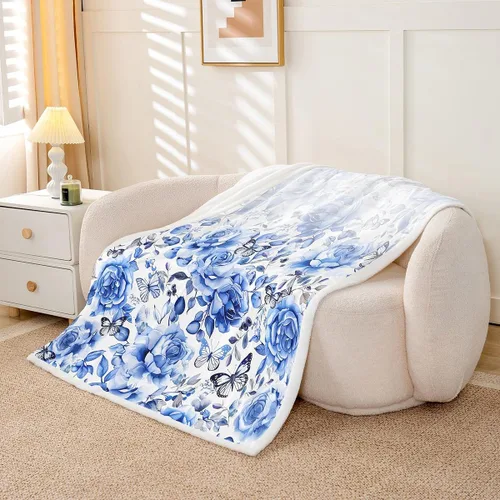 Miniatura 3 de Homewish Manta de cama con estampado de flores, manta de porcelana azul y blanca para niños y niños, manta sherpa de poliéster ligera con estampado
