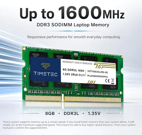 Miniatura 2 de Timetec Premium Kit de memoria Ram de 16 GB (2 x 8 GB) DDR3L/DDR3 1600 MHz PC3L-12800 no ECC sin búfer 1,35 V/1,5 V CL11 2 Rx8 doble rango 204 pines