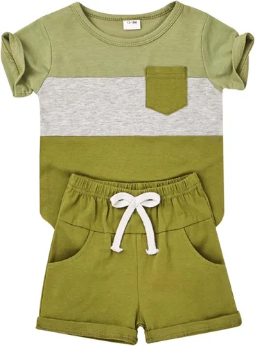 Miniatura 9 de Ropa para bebé niño pequeño, trajes de verano de manga corta, camiseta de retazos y pantalón con bolsillo, conjunto de 2 piezas, 12 meses a 4 años