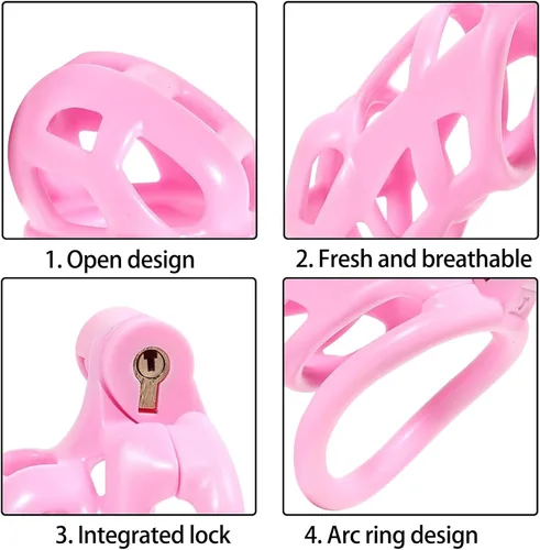Miniatura 4 de Jaula de castidad rosa masculina 3.0, dispositivo de castidad masculina con 4 anillos para el pene, jaula ligera de resina para hombre para pene