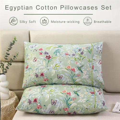 Miniatura 2 de URBONUR Juego de 2 fundas de almohada de 100 % algodón con estampado floral de mariposas, suaves, transpirables, refrescantes, fundas de almohada