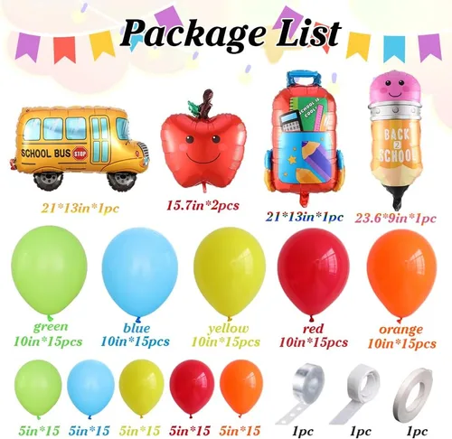 Miniatura 2 de Kit de arco de guirnalda de globos de regreso a clases, bolsa de lápices de autobús escolar, globo de aluminio con globos arcoíris para el primer