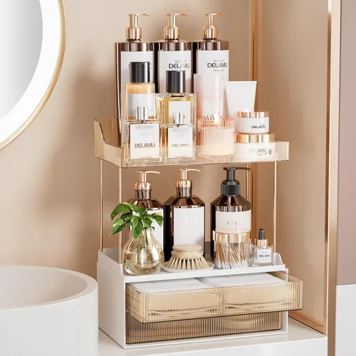 Delamu Organizador y almacenamiento de baño, 2 niveles y 2 cajones, organizador de maquillaje, fácil de instalar, ideal para encimera de baño, Ámbar