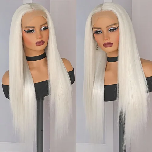 Miniatura 4 de Lovestory Peluca de encaje frontal larga y recta color blanco platino, predepilada, rubio platino, pelucas de encaje frontal sintético para mujeres
