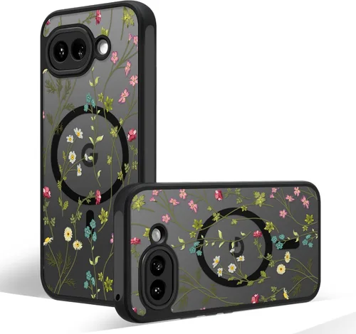 Funda magnética para Google Pixel 10A [Compatible con MagSafe] Funda con patrón floral de flores negras para mujeres y niñas, con borde de TPU Rama