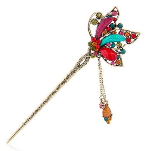 Miniatura 5 de YOY Moda larga decoración de pelo chino estilo tradicional mujeres niñas palo pelo horquilla hacer el pelo accesorio con mariposa, café