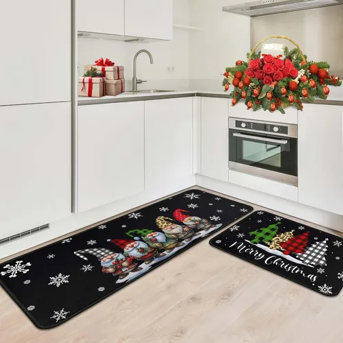 Miniatura 4 de Alfombras de cocina de cuadros de búfalo con gnomos de árbol negros, juego de 2, Merry Christmas, decoración de piso de perfil bajo para fiestas