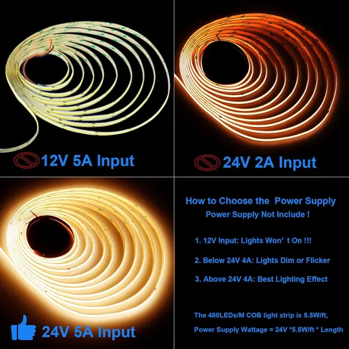 Miniatura 8 de JOYLIT Tira de luces LED COB de 24 V, 16.4 pies, 3000 K, blanco cálido, 550 lm/ft, súper brillante, CRI 95+, UL Premium, 2400 LED, cinta adhesiva