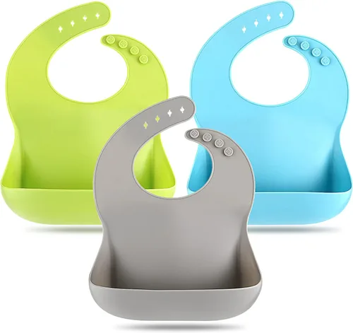 Eascrozn Silicone Bibs for Babies Toddler Set of 3, BPA Free, Soft Adjustable Waterproof Bibs for Feeding Essentials Gris