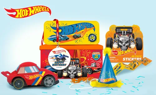 Hot Wheels - Juego de regalo para fiesta de cumpleaños, caja de lata, estuche de lata, calcomanías, collar de cumpleaños, felpa y sombrero de