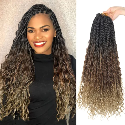 Miniatura 68 de Goddess Box Braids - Trenzas de cabello a ganchillo con extremos rizados, trenzas de caja bohemianas de 16 pulgadas, trenzas de ganchillo, 8 1B-4-30