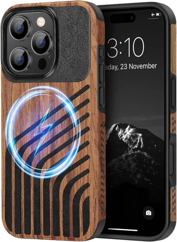 Miniatura 27 de TENDLIN Compatible con iPhone 17 Pro Max Funda de madera con textura de fibra de carbono Diseño de cuero híbrido delgado (negro)