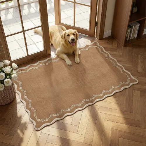 Miniatura 55 de GarveeHome Alfombra de entrada festoneada, 2 x 3, color azul sólido, lavable, alfombra floral para entrada interior, alfombra floral antideslizante