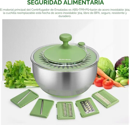 Miniatura 7 de SUSTEAS Centrifugador de Ensalada de Acero Inoxidable Grande, Tazón de Lavado de Verduras, Secador de Frutas y Hierbas con Cortador de 5 Cuchillas